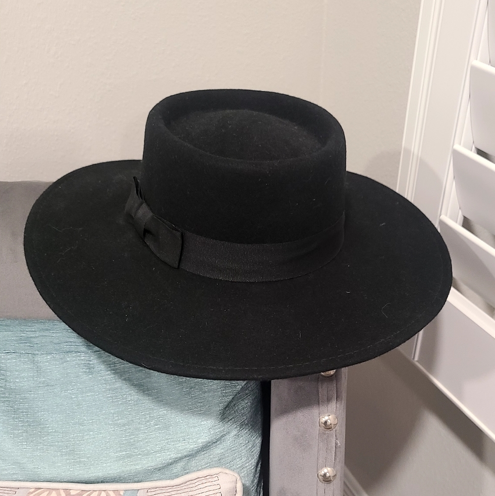 Nine West Black Suede Wide Brim Hat w/ Bow Detail, One Size, NWT! MSRP $98
